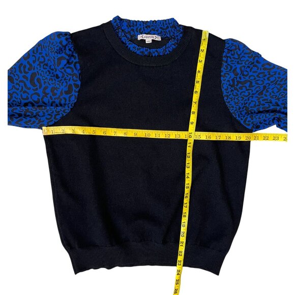 Nanette Lepore Black Sweater Blouse LG Cobalt Blue Leopard Balloon Sleeves NWT - Picture 10 of 10
